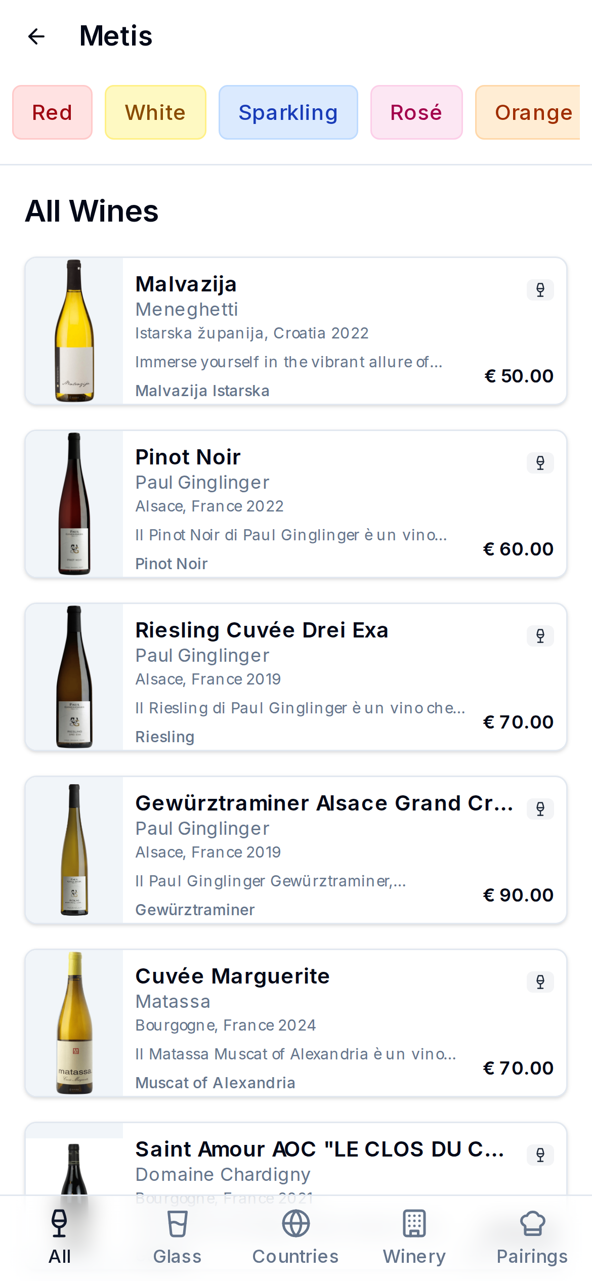 WineList mobile QR menu showing a list of wines with names, regions, and prices on a smartphone screen